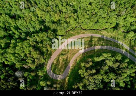 Svolta a fondo su una pista forestale, pista da sci in natura, vista aerea Foto Stock