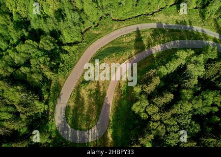 Svolta a fondo su una pista forestale, pista da sci in natura, vista aerea Foto Stock