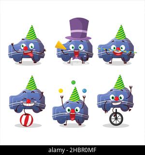 Personaggio cartoon di caramella gommosa auto blu con vari spettacoli circensi. Illustrazione vettoriale Illustrazione Vettoriale