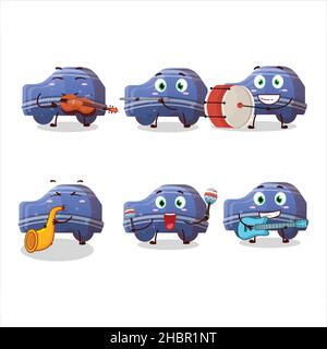 Personaggio cartoon di caramella gommosa auto blu che suona alcuni strumenti musicali. Illustrazione vettoriale Illustrazione Vettoriale