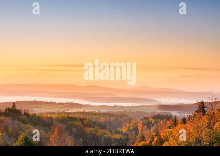 Herbstlicher Sonnenaufgang mit Nebelschwaden über dem hügeligen Mittelland, Schweizer Alpen im Hintergrund, Aussicht von Höchenschwand im Schwarzwald, Foto Stock