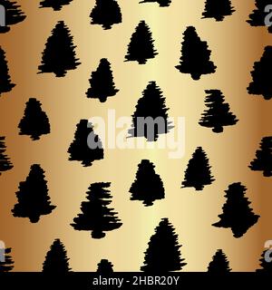 Pino albero di Natale senza giunture sfondo modello in oro e nero Illustrazione Vettoriale