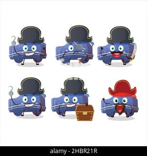 Personaggio cartoon di caramella gommosa auto blu con varie emoticon pirati. Illustrazione vettoriale Illustrazione Vettoriale