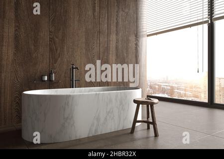 Bagno di lusso minimale con vista sulla città. Pavimento in pietra, pareti in piastrelle di legno e moderna vasca da bagno in marmo. Gli interni hanno grandi finestre. 3d illustrazione del rendering. Foto Stock