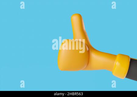 Guanto cartoon giallo con pollice su mano gesto su sfondo blu. Gesti colorati, divertenti e amichevoli. 3D rendering. Foto Stock