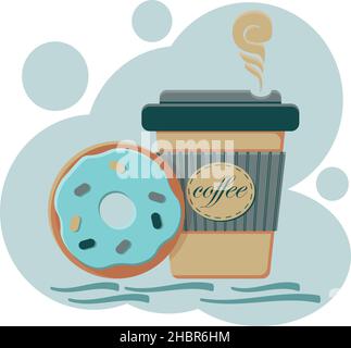 Una tazza di carta di caffè caldo e una ciambella ghiacciata che disegnano in stile piatto su sfondo blu Illustrazione Vettoriale