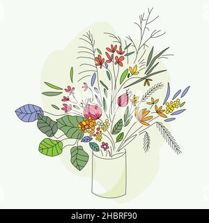 Bouquet con fiori in fiore in vaso disegno vettoriale piatto. Mazzo di fiori diversi isolato su bianco. Illustrazione Vettoriale