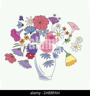 Bouquet con fiori in fiore in vaso disegno vettoriale piatto. Mazzo di fiori diversi isolato su bianco. Illustrazione Vettoriale