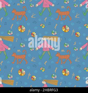 Modello dinamico senza cuciture con ragazza e cane su sfondo blu. Illustrazione vettoriale di stile di doodle disegnata a mano. Illustrazione Vettoriale