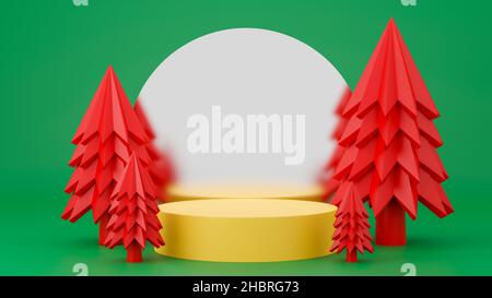 Albero di Natale rosso con podio a cerchio d'oro, sfondo in vetro e verde. Buon Natale e felice anno nuovo concetto. 3D illustrazione del rendering. Foto Stock