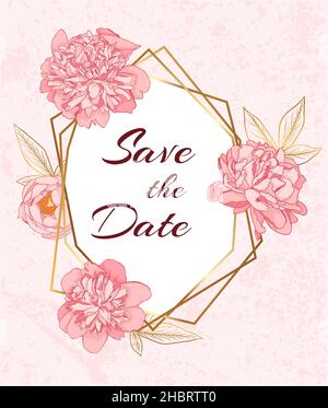 Biglietto d'auguri con fiori rosa di peonia e cornice dorata. Illustrazione vettoriale disegnata a mano. Sfondo floreale decorativo Foto Stock