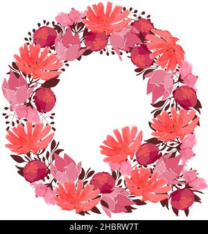 Lettera vettoriale floreale, carattere maiuscolo Q. monogramma botanico. Rosa, maroon, corallo colore fiori. Illustrazione Vettoriale