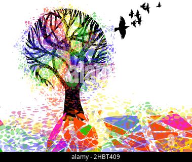 astratto albero multicolore con uccelli volanti. Illustrazione vettoriale Illustrazione Vettoriale