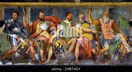 Palazzo di Andrea Doria, Villa del Principe, la Loggia degli Eroi: Antenati di Andrea Doria . Affreschi di Perin del Vaga (Pietro Bonaccorsi), 1530 - 1533. Genova, Genova, Italia, Italiano, 16th secolo. Affresco Foto Stock