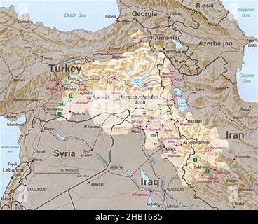 Mappa CIA delle aree curde-abitate del Medio Oriente ca. Agosto 1992 Foto Stock