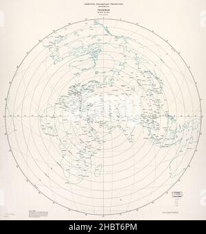 Mappa di proiezione azimutale equidistante centrata su Teheran ca. 1968 Foto Stock