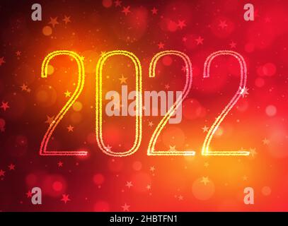 2022 Bokeh di Capodanno sfondo in colore rosso con stelle e luci sfocate. Carta da parati moderna di nuovo anno Foto Stock