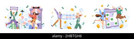 Set di illustrazioni vettoriali piatte per la vincita della lotteria. Fortunati vincitori che giocano a lotto, partecipano all'estrazione dei premi e ricevono premi in denaro nei giochi d'azzardo. Persone felici che hanno vinto premi. Concetto di fortuna e fortuna. Illustrazione Vettoriale