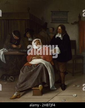 Un interno con un uomo che offre un ostrica a una donna - 1660 65c. - olio su pannello di legno 38,1 x 31,5 cm - Steen Jan Foto Stock