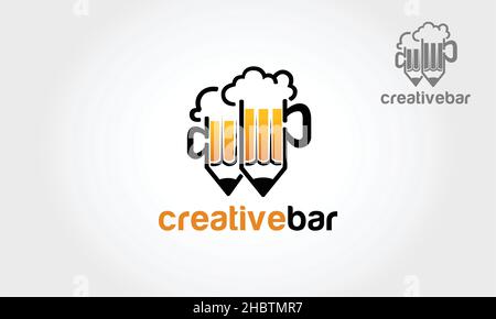 Matita per tazza di birra. Modello di disegno del logo vettoriale. Icona bevanda alcolica. Illustrazione Vettoriale