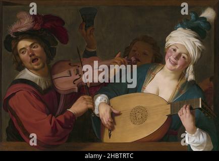 Un gruppo allegro dietro una balaustra con un violino e un liuto - 1623c. - olio su tela 99,4 x 138,5 cm - Van Honthorst Gerard - Gherardo delle notti - Foto Stock