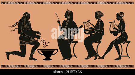 Figure rappresentative della ceramica greca classica. Tre donne o muse e un uomo d'acqua versando acqua su un vaso. Illustrazione Vettoriale