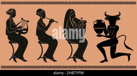 Figure rappresentative della ceramica greca classica. Tre donne che suonano musica e minotaur Illustrazione Vettoriale