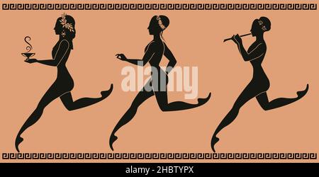 Figure rappresentative della ceramica greca classica. Tre ragazze che corrono e ballano, suonano musica e trasportano un piatto Illustrazione Vettoriale