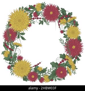 Cornice a corona circolare con crisantemi. Ghirlanda rossa e gialla Illustrazione Vettoriale