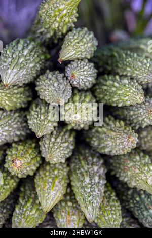Meloni amari in vendita in un mercato alimentare in Little India, Singapore Foto Stock
