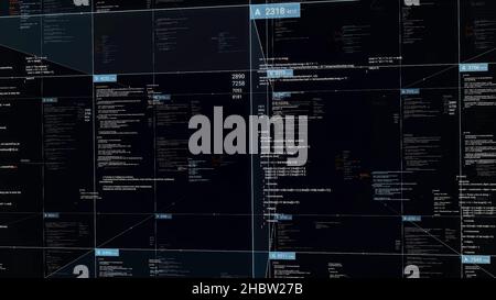 Una griglia di dati dei numeri in streaming che cambia sul display. Astratto milioni di blocchi volanti di contenuti che cambiano tutto il tempo su sfondo nero, senza giunture l Foto Stock