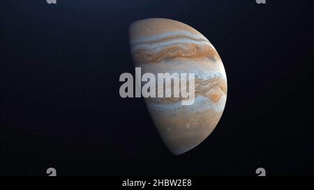 Pianeta astratto Giove che ruota nello spazio esterno. Alba e cascata del sole sulla colorata superficie bianca e marrone del pianeta Jovian, anello senza giunture. Foto Stock