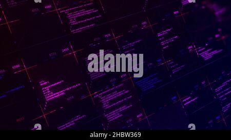 Astratto moderno script di computer virtuale su sfondo nero, loop senza giunture. Lavoro di programmatore di sviluppo di software sullo schermo del desktop, Cyberspace realit Foto Stock