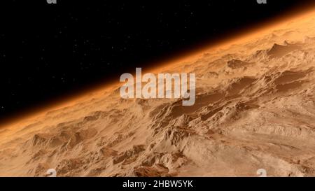 Vista della Terra da Marte. Questo è il modo in cui la Terra è vista dal pianeta rosso. Atmosfera marziana e suolo, catene montuose. fantascienza. 3d rendering Foto Stock