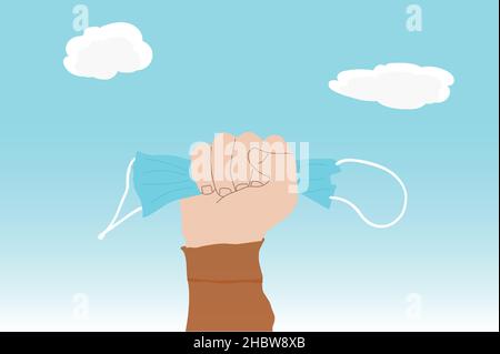 Fine della pandemia di coronavirus. Uomo che tiene usato maschera medica su sfondo cielo chiaro. Fine della pandemia di coronavirus e ritorno alla vita normale di nuovo. Illustrazione Vettoriale