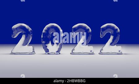 Ice font 2022 di nuovo anno. Su sfondo blu astratto, banner su per la visualizzazione del prodotto. Biglietto di auguri festivo per la celebrazione. 3D rendering., Ice font 2 Foto Stock