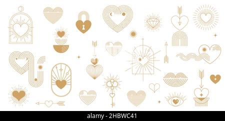 Elementi del giorno di San Valentino Boemo minimalisti, simboli e icone lineari dell'arte, cuore, labbra, sole e arcobaleno, modelli di design, disegno astratto geometrico Illustrazione Vettoriale