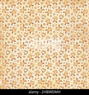 Natale modello di festa, carta digitale, sfondo modello con acquerello biscotti di pan di zenzero su vecchio sfondo di carta, perfetto per avvolgere, rottami Foto Stock