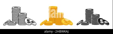 Cartoon o francobollo in pile di monete d'oro, set di contorni di scarabeo. Mucchi di soldi puri, mucchio di monete d'oro di bunche vari. Icone della valuta di montagna. Centesimi mazzi, contanti, accumulazione finanziaria vettore Illustrazione Vettoriale