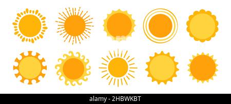 Sole semplice set giallo. Collezione di simboli solari estivi. Sole con raggi solari. Astratto soleggiato semplice fumetto clipart vacanza design per i bambini. Illustrazione vettoriale isolata Illustrazione Vettoriale