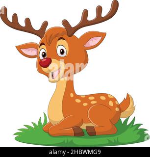 Cartoon carino cervo seduto in erba Illustrazione Vettoriale