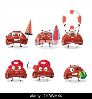 Happy faccia curva rosso gommoso caramella fumetto personaggio giocare su una spiaggia. Illustrazione vettoriale Illustrazione Vettoriale