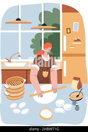 Donna di cucina e cottura, donna che utilizza il rolling pin per la preparazione di piatti, biscotti o pane, pasta per pizza. Donna che fa pasticceria e dessert a. Illustrazione Vettoriale