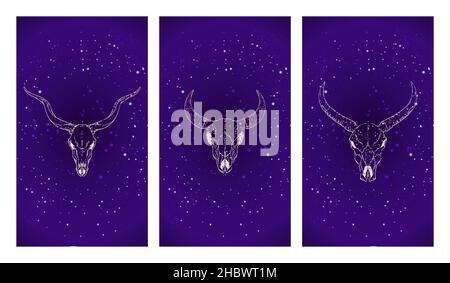 Set vettoriale di tre illustrazioni con silhouette d'oro antilopi, toro e bufala sullo sfondo del cielo stellato. Immagine di colore viola Illustrazione Vettoriale