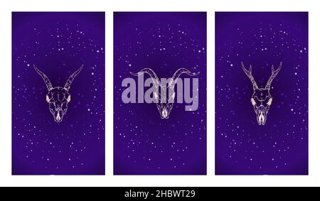 Set vettoriale di tre illustrazioni con silhouette d'oro teschi caprioli capra e capra sullo sfondo del cielo stellato. Immagine di colore viola. Per y Illustrazione Vettoriale