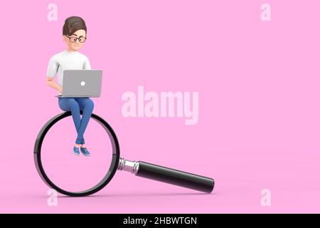 Personaggio Cartoon uomo d'affari con laptop che lavora su lente d'ingrandimento su sfondo bianco. 3D rendering Foto Stock