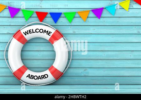 White Life Buoy con Benvenuto a bordo Sign on a Blue Wooden Plank Wall Extreme closeup. 3D rendering Foto Stock