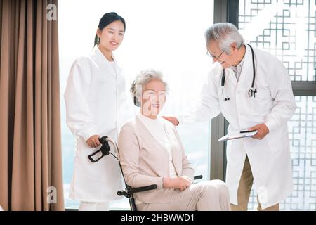 Medico a parlare con una donna anziana in una sedia a rotelle Foto Stock