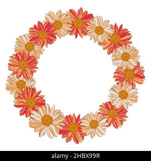 Cornice floreale decorativa di margherite rosso-arancio-beige su sfondo bianco, utilizzabile per biglietti d'auguri, cartoline, striscioni. Illustrazione vettoriale. Illustrazione Vettoriale