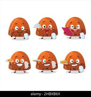 felice arancione gelatina gommosa caramella cameriere personaggio cartoon tenendo un piatto. Illustrazione vettoriale Illustrazione Vettoriale